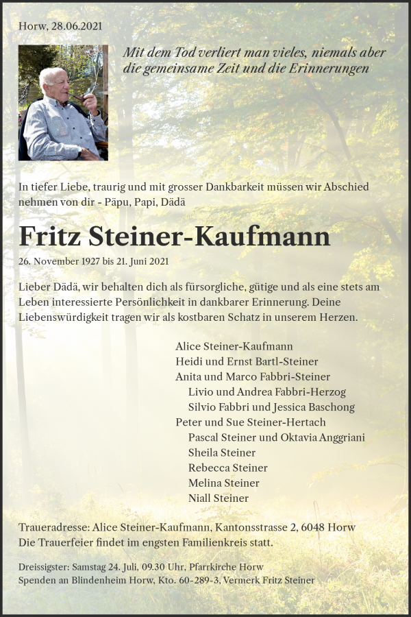 Necrologio Fritz Steiner-Kaufmann, Horw