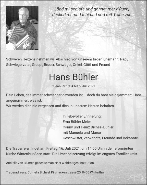 Obituary Hans Bühler, Winterthur