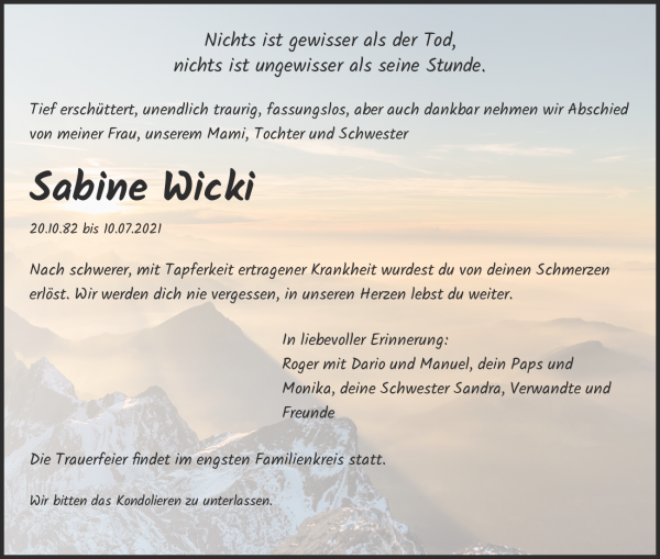 Necrologio Sabine Wicki, Liestal