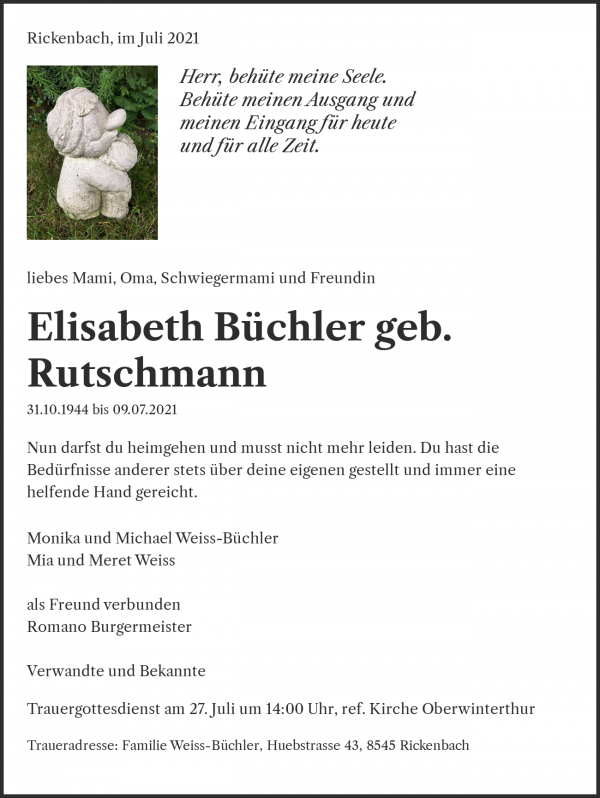 Avis de décès de Elisabeth Büchler geb. Rutschmann, Rickenbach