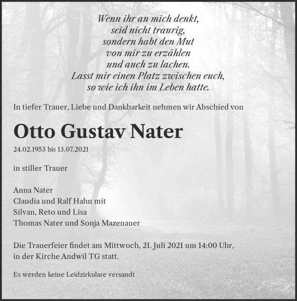 Avis de décès de Otto Gustav Nater, Andwil TG