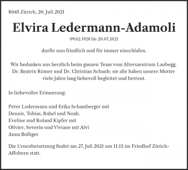 Avis de décès de Elvira Ledermann-Adamoli, Zürich