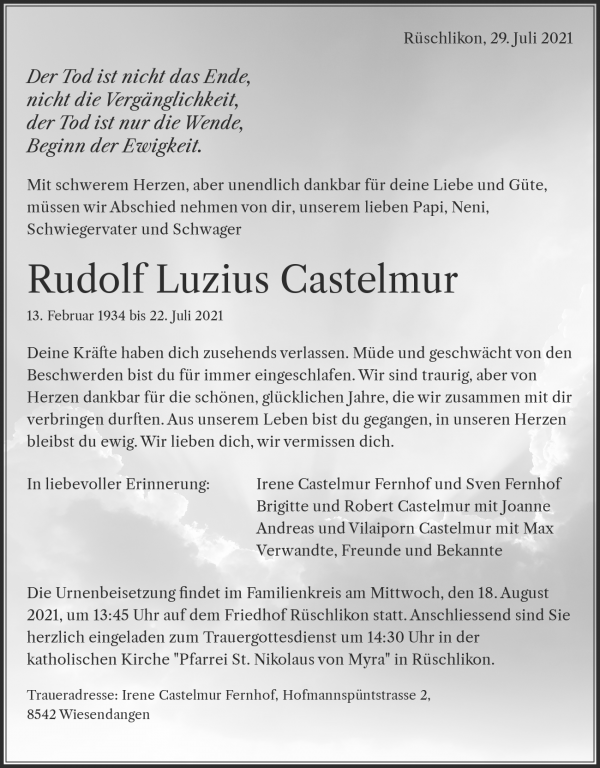 Necrologio Rudolf Luzius Castelmur, Rüschlikon