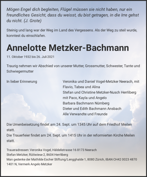 Necrologio Annelotte Metzker-Bachmann, Senevita Residenz Nordlicht