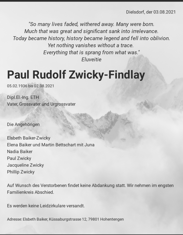 Avis de décès de Paul Rudolf Zwicky-Findlay, Dielsdorf