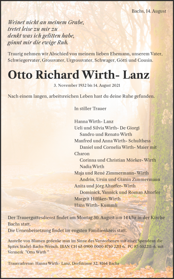 Avis de décès de Otto Richard Wirth- Lanz, Bachs