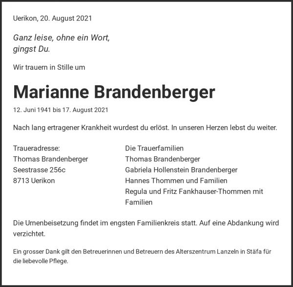 Avis de décès de Marianne Brandenberger, Stäfa