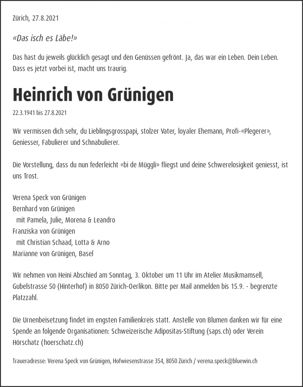 Obituary Heinrich von Grünigen, Zürich