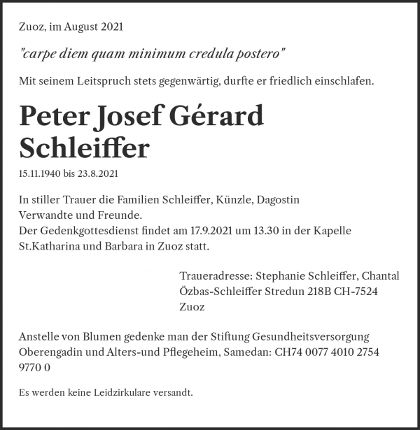 Avis de décès de Peter Josef Gérard Schleiffer, Samedan