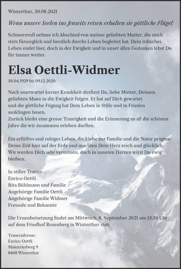 Necrologio Elsa Oettli-Widmer, Winterthur