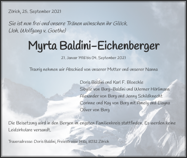 Avis de décès de Myrta Baldini-Eichenberger, Zollikerberg