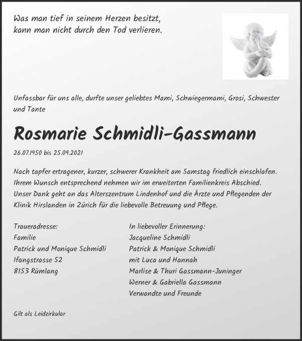 Avis de décès de Rosmarie Schmidli-Gassmann, Rümlang