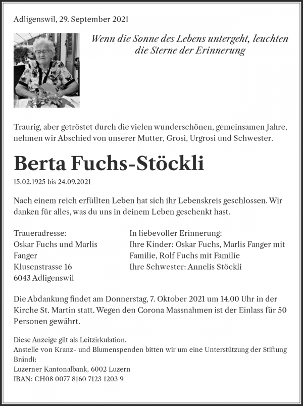 Avis de décès de Berta Fuchs-Stöckli, Adligenswil