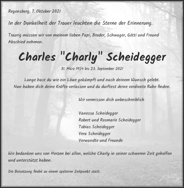 Avis de décès de Charles "Charly" Scheidegger, Regensberg