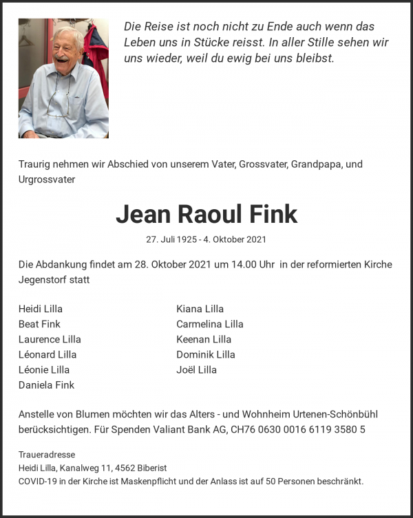 Avis de décès de Jean Raoul Fink, Jegenstorf