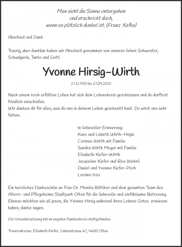 Necrologio Yvonne Hirsig-Wirth, Olten