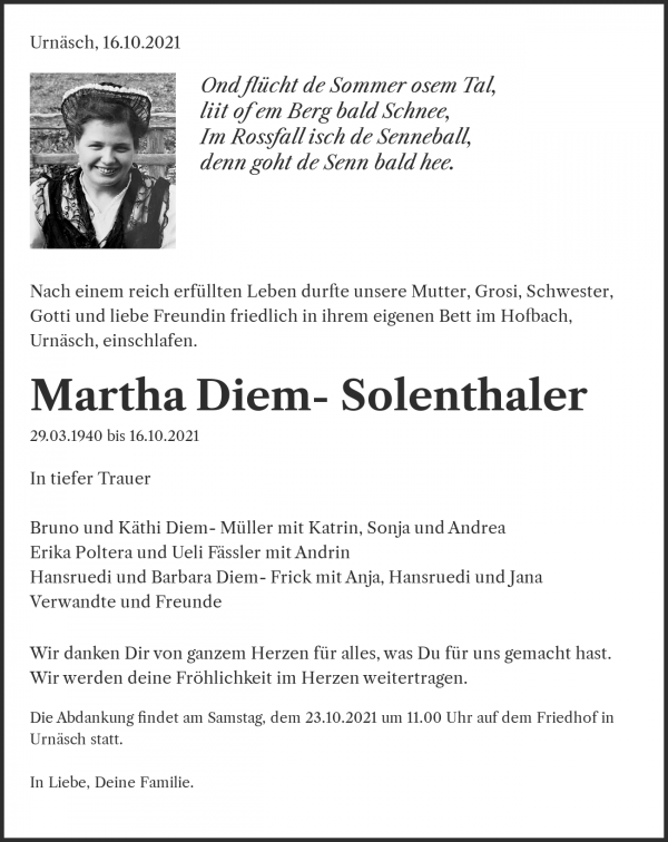 Todesanzeige von Martha Diem- Solenthaler, Urnäsch