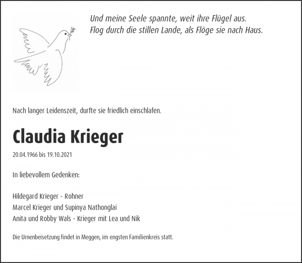 Todesanzeige von Claudia Krieger, Meggen