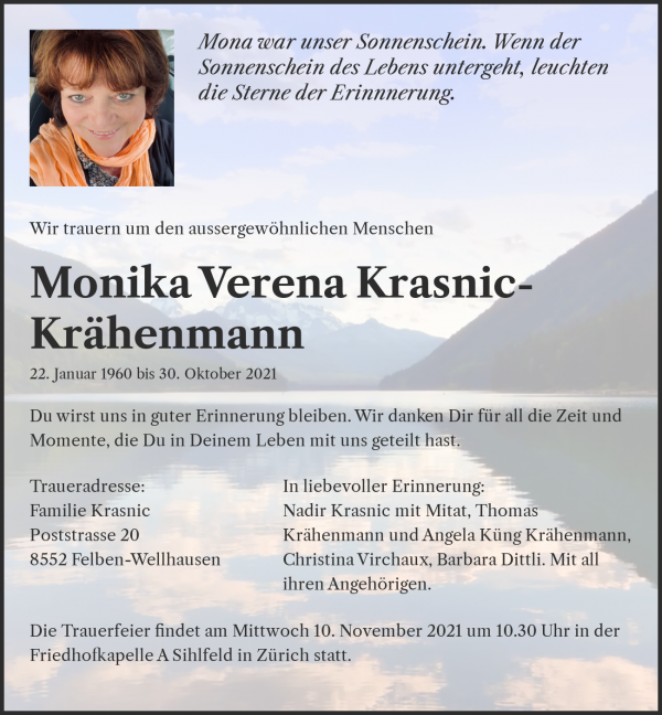 Avis de décès de Monika Verena Krasnic-Krähenmann, Felben-Wellhausen