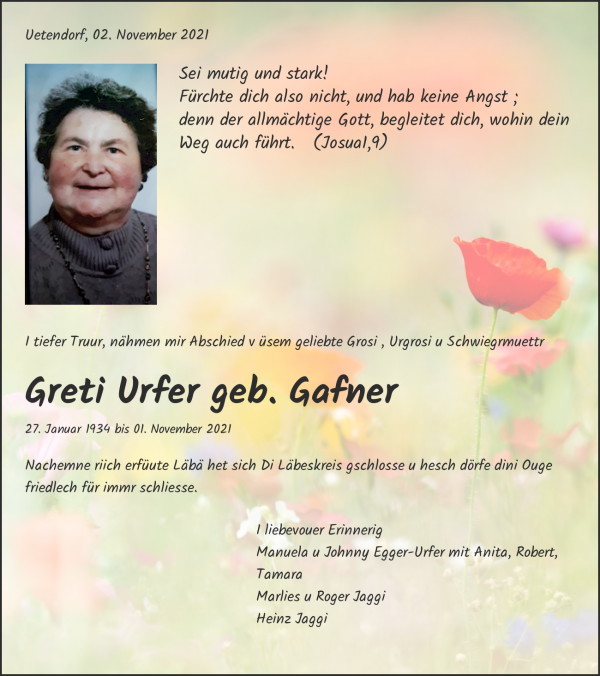 Avis de décès de Greti Urfer geb. Gafner, Steffisburg