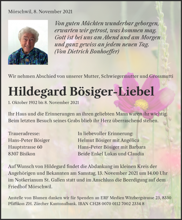 Avis de décès de Hildegard Bösiger-Liebel, Mörschwil