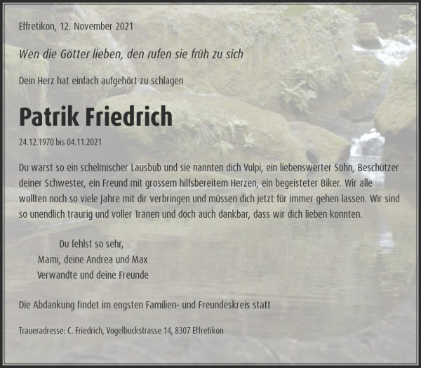 Avis de décès de Patrik Friedrich, Volketswil