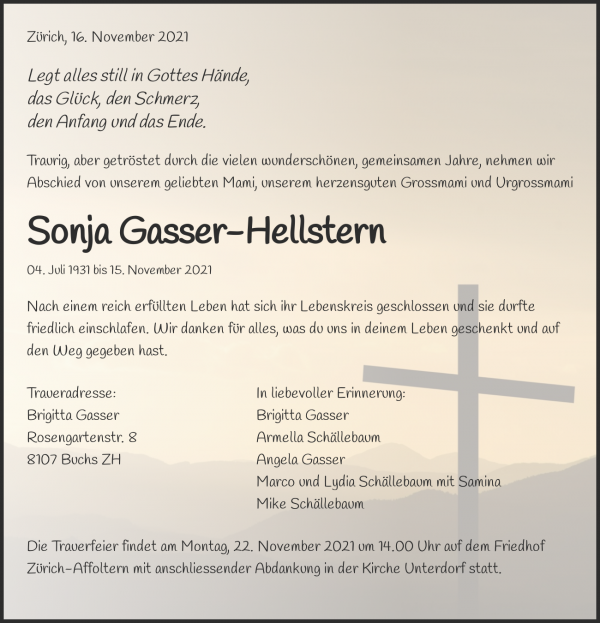 Avis de décès de Sonja Gasser-Hellstern, Zürich