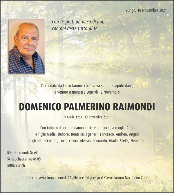 Necrologio DOMENICO PALMERINO RAIMONDI, Zürich