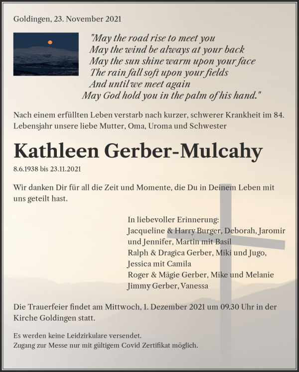 Avis de décès de Kathleen Gerber-Mulcahy, Goldingen