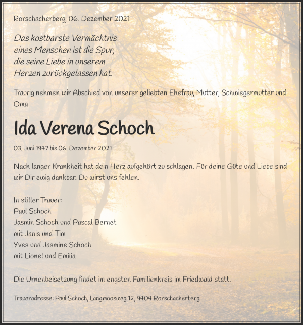 Avis de décès de Ida Verena Schoch, Rorschacherberg