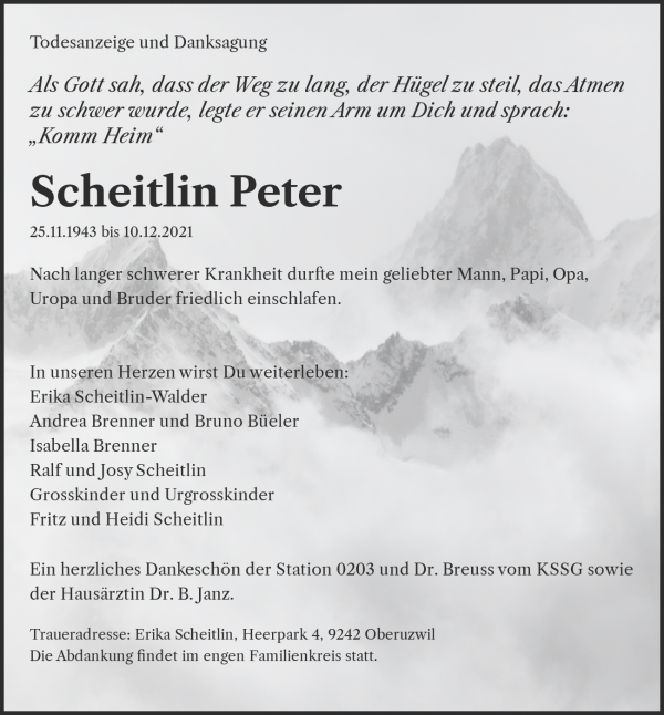 Avis de décès de Scheitlin Peter, Oberuzwil