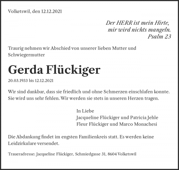 Avis de décès de Gerda Flückiger, Volketswil