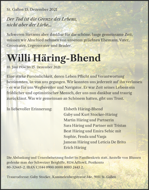 Obituary Willi Häring-Bhend, St.Gallen