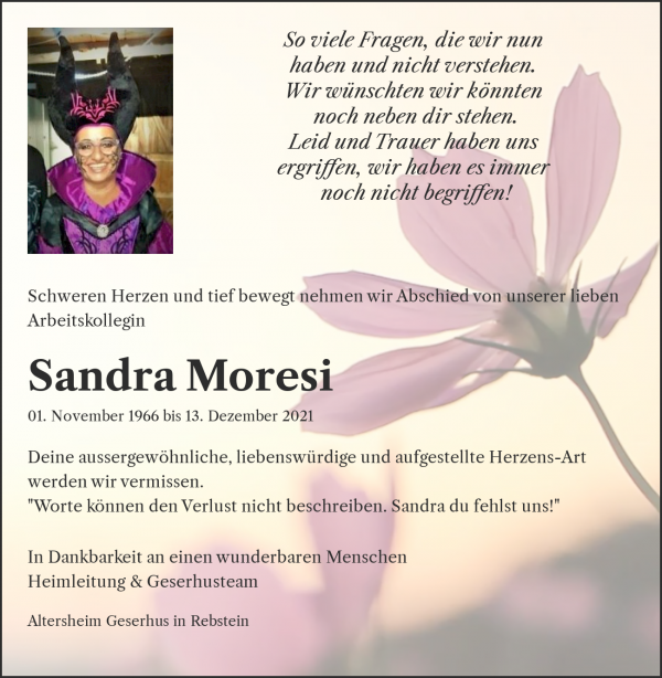 Avis de décès de Sandra Moresi, Rebstein