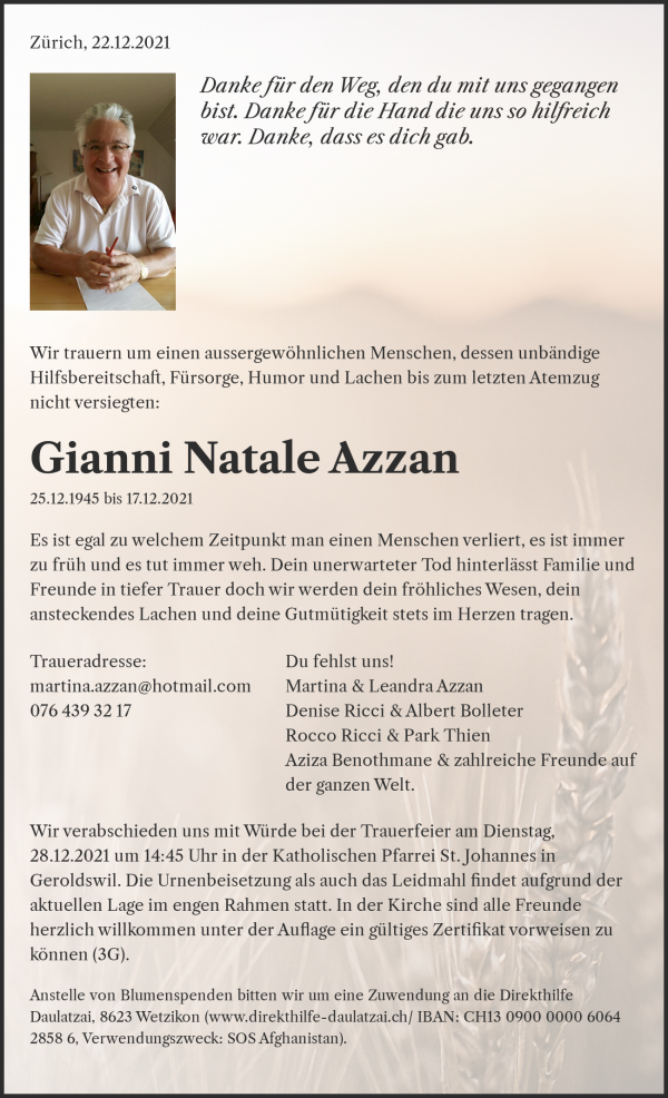 Obituary Gianni Natale Azzan, Geroldswil