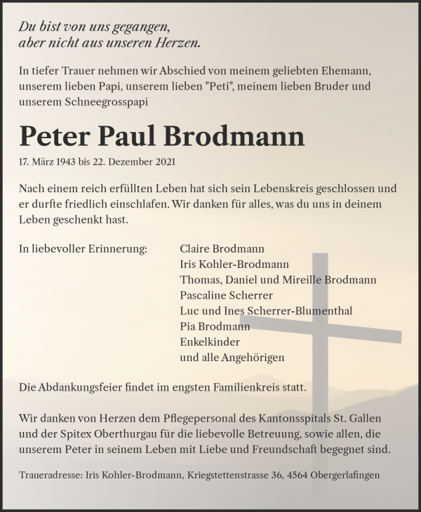 Avis de décès de Peter Paul Brodmann, Hauptwil