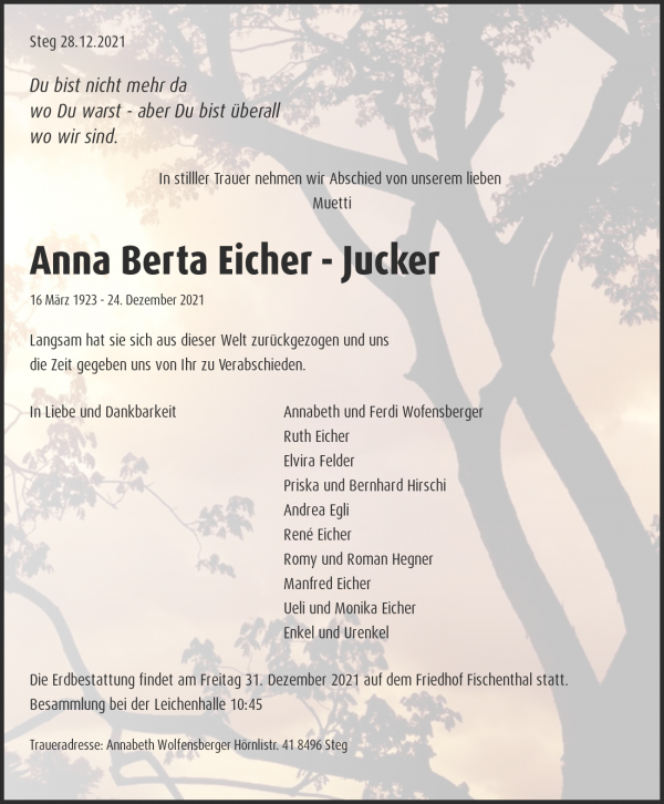 Avis de décès de Anna Berta Eicher - Jucker, Altersheim Bluemenau Bauma