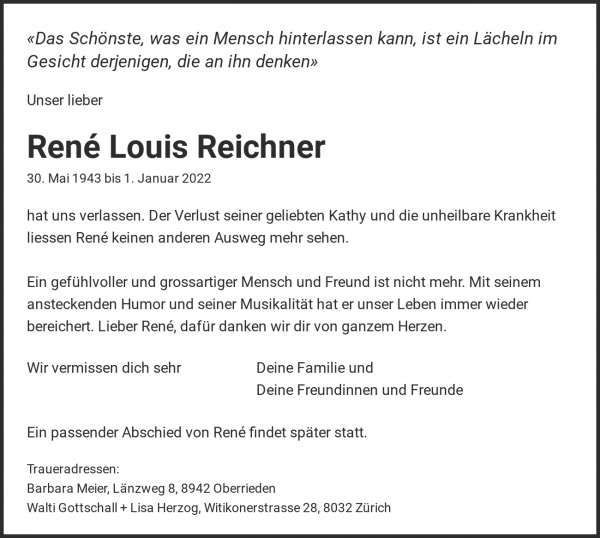 Obituary René Louis Reichner, Zollikerberg