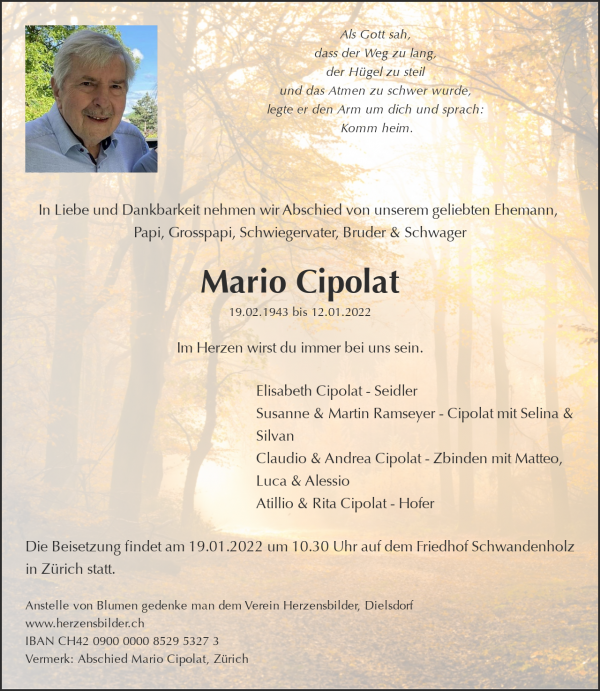 Necrologio Mario Cipolat, Zürich