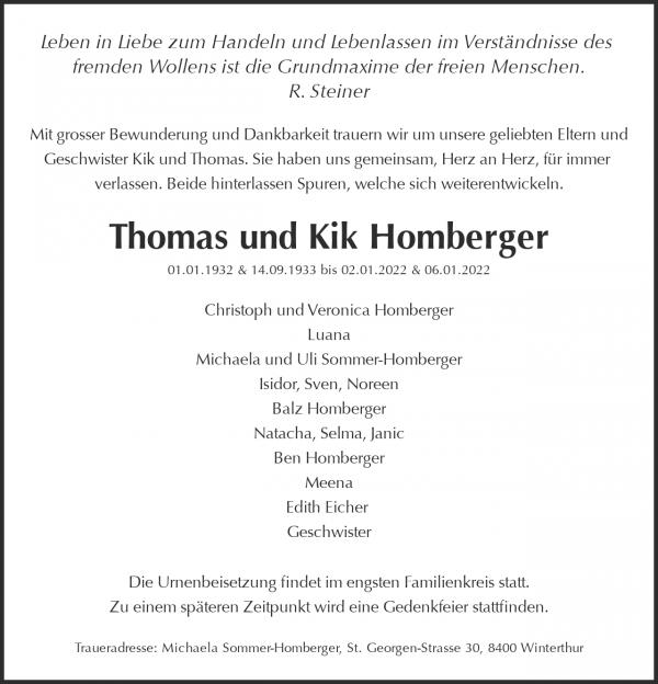 Obituary Thomas und Kik Homberger, Hombrechtikon