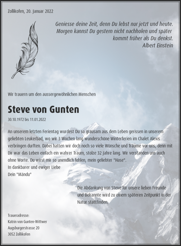 Avis de décès de Steve von Gunten, Zollikofen