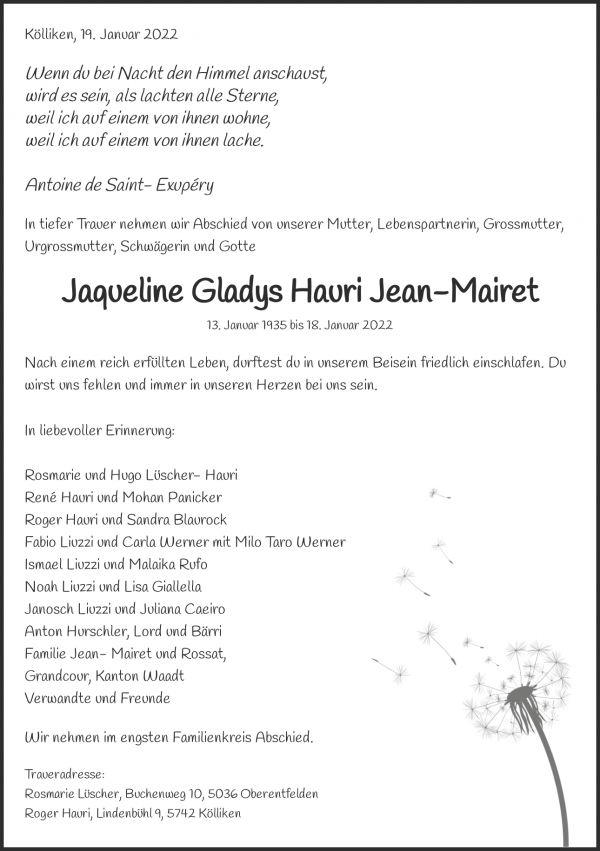 Avis de décès de Jaqueline Gladys Hauri Jean- Mairet, Menziken