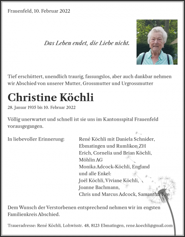 Avis de décès de Christine Köchli, Frauenfeld