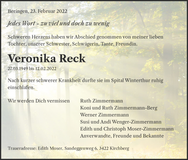 Todesanzeige von Veronika Reck, Beringen