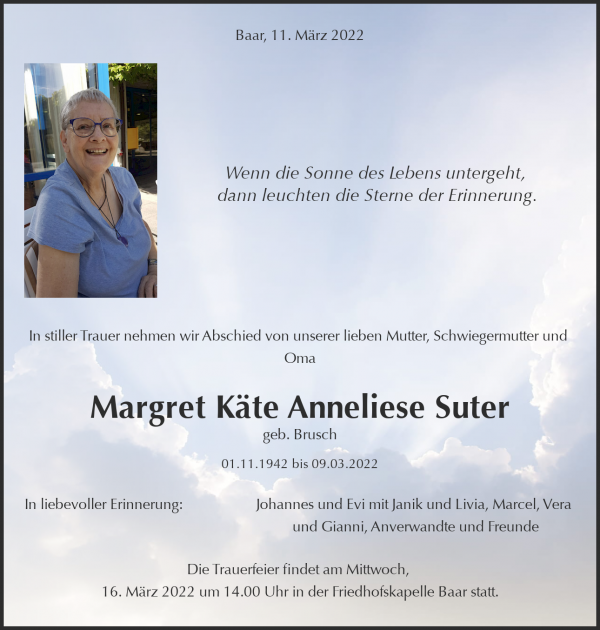 Obituary Margret Käte Anneliese Suter geb. Brusch, Baar