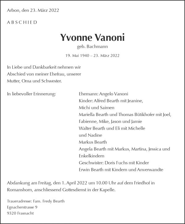 Necrologio Yvonne Vanoni, Uttwil