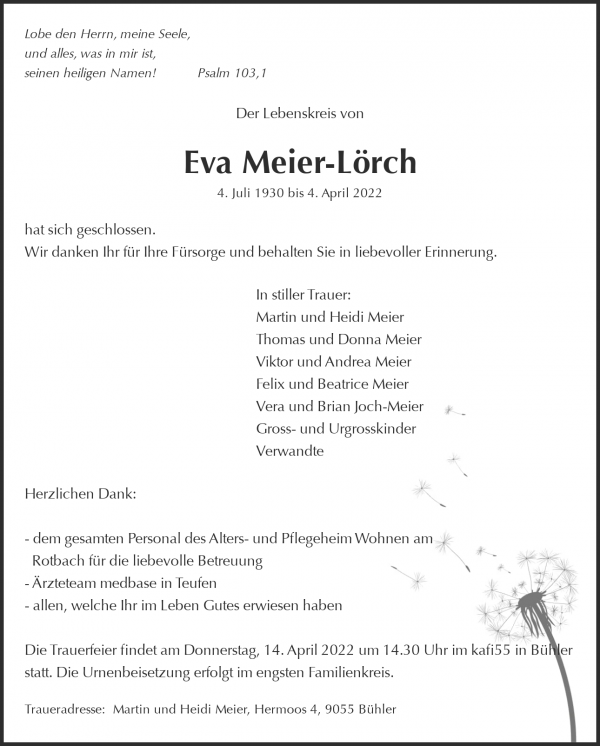 Todesanzeige von Eva Meier-Lörch, Bühler