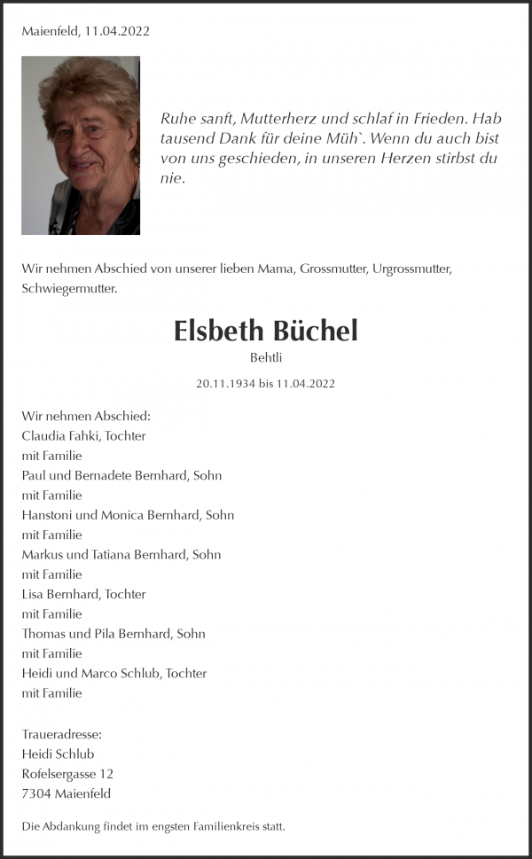 Avis de décès de Elsbeth Büchel, Maienfeld