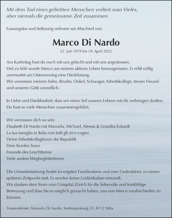 Necrologio Marco Di Nardo, Zürich