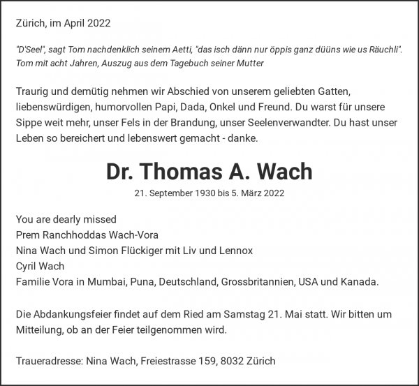 Todesanzeige von Dr. Thomas A. Wach, Zuerich